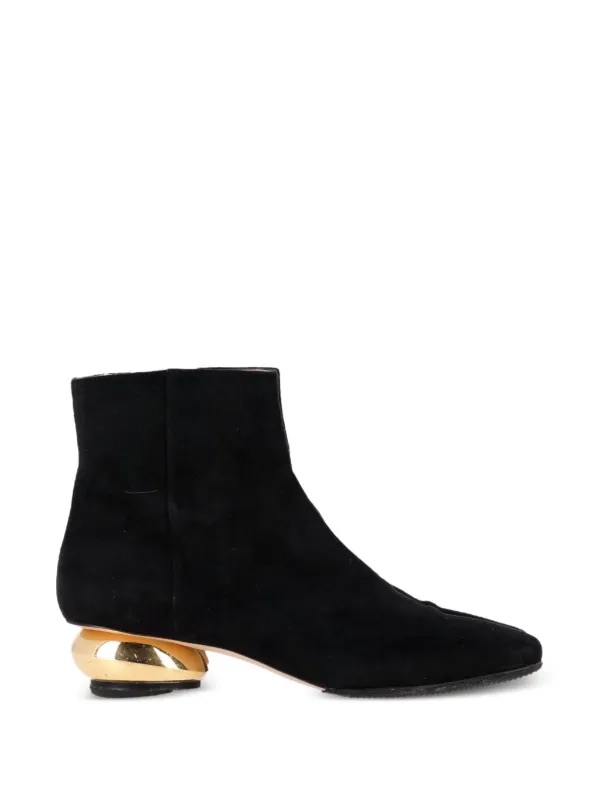 Stuart Weitzman Black Suede Ankle Boots With Gold Sculpted Heel Made In Spain